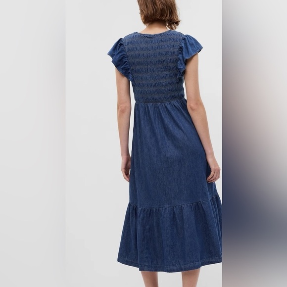 Gap Organic Cotton Denim Ruffled flutter Smocked Midi Tiered Dress Size Small - Picture 3 of 10